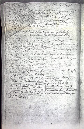 Deaths Rutland 1776 1785 mss. CUSHMAN PRATT ANDREWS BROWN SQUIRE SQUIER MILLER CONVERS MOSES LONG